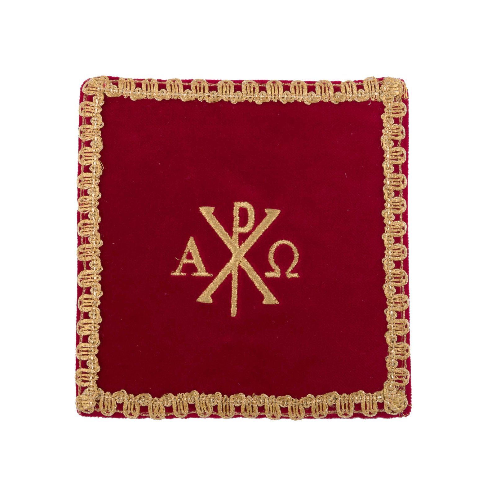 La Palla con Alfa e Omega è un drappo quadrato in velluto rosso con ricamo in oro del Chi Rho e dei simboli dell'alfa e dell'omega, rifinito con finiture dorate lungo i bordi.
