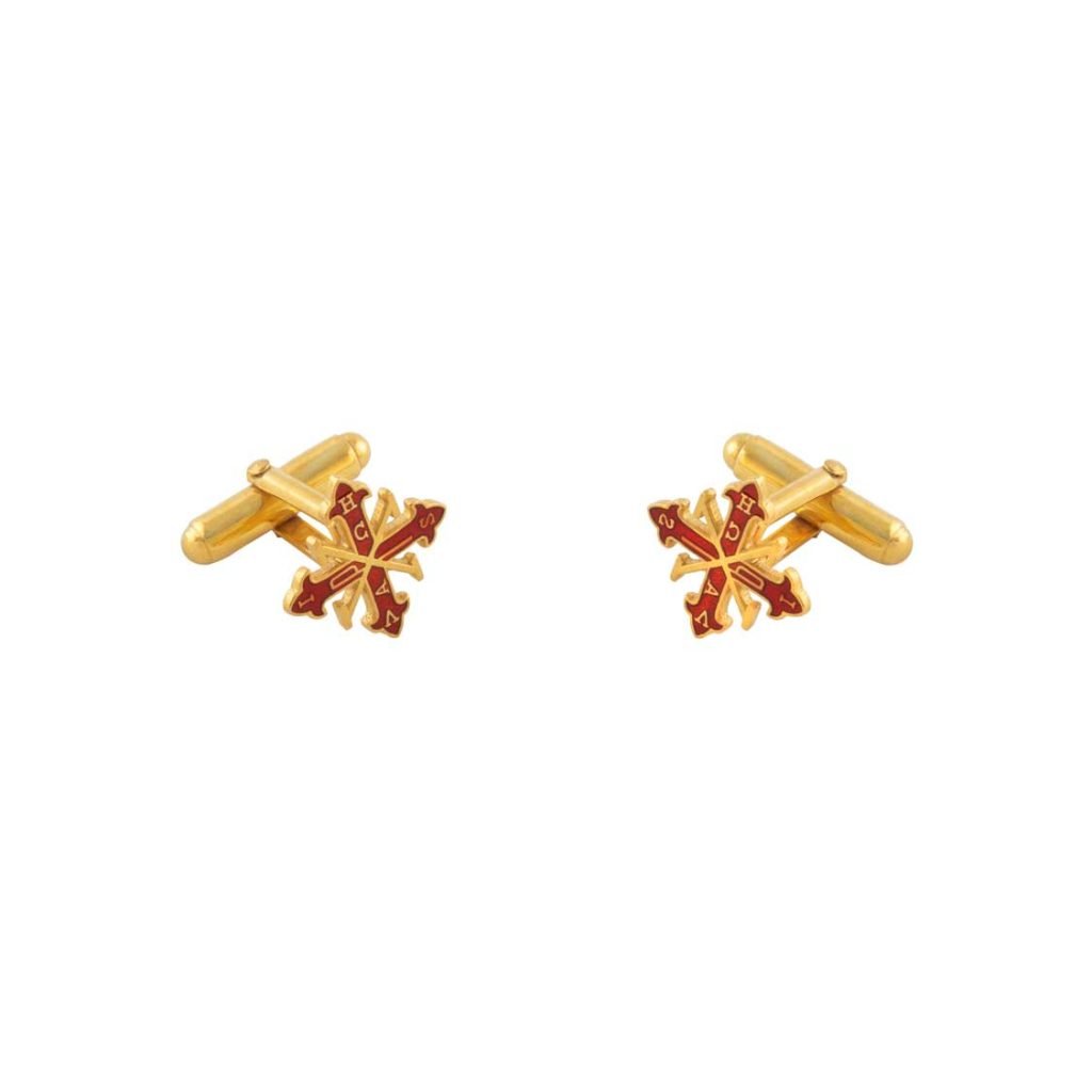 Gemelli Ordine Costantiniano di San Giorgio in Metallo: gemelli in oro con croce di Malta rossa e oro, ispirati alla Sartoria Gammarelli, su sfondo bianco.