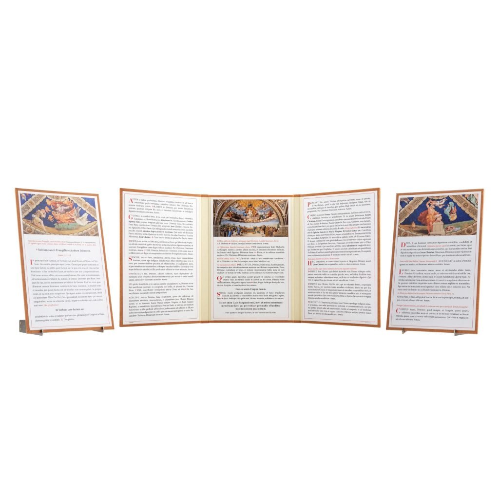 Set Carte Gloria con Piedini: espositore a quattro pannelli con testi religiosi e opere d'arte, con immagini di scene bibliche in cima a ciascun pannello.